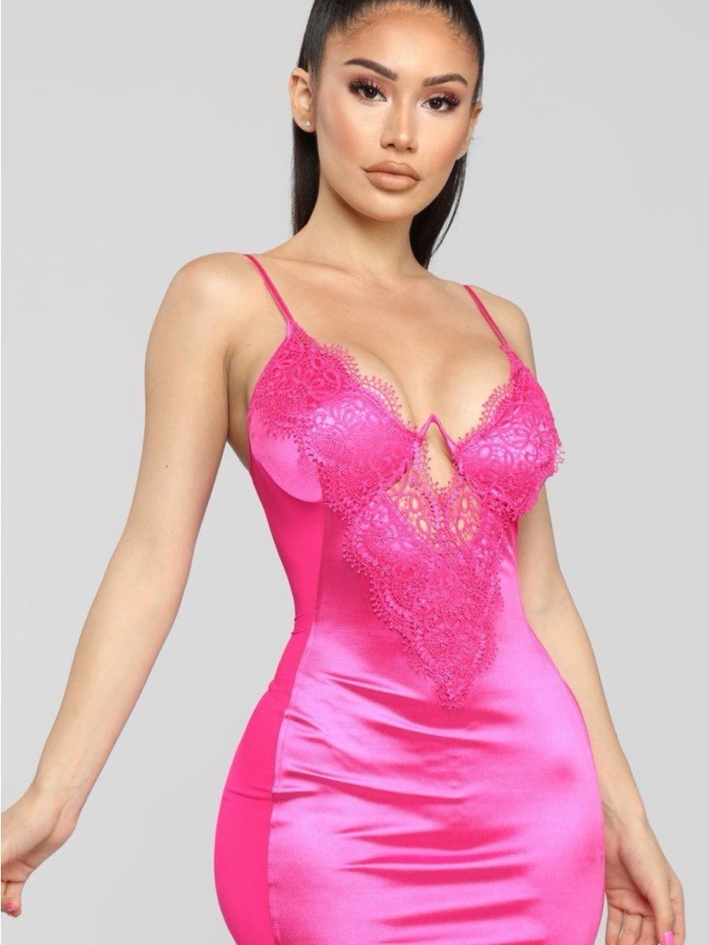 Fashion Nova Hot Pink Lace-Trim Slip Dress